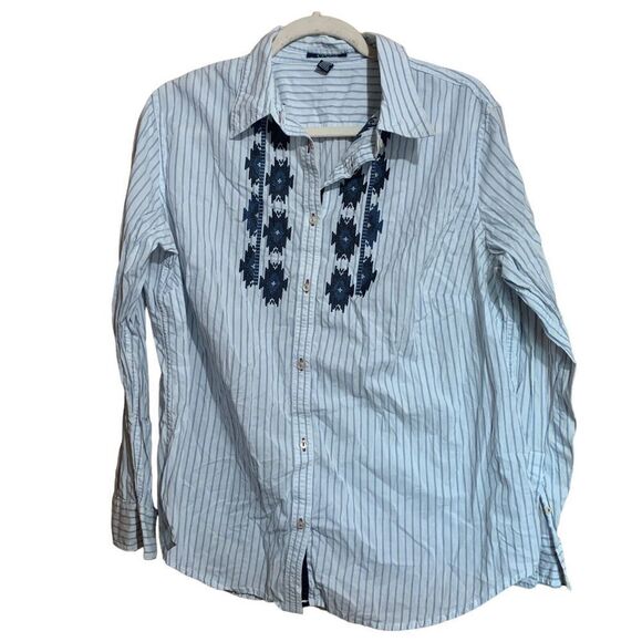 Chaps Womens Plus Size 1X Multicolor Stripe Boho Print Cotton Button Up Blouse - Picture 1 of 7